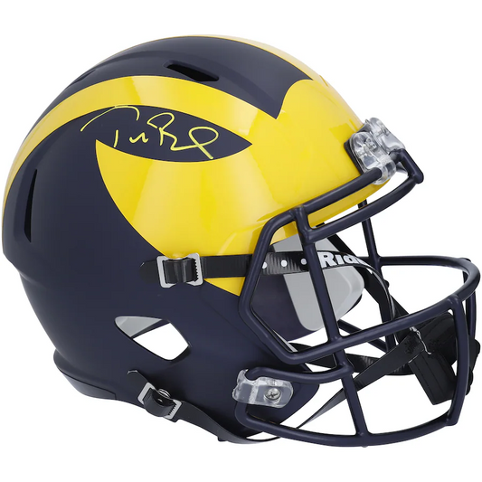 Tom Brady Michigan Wolverines Signed Riddell Replica Helmet (Signed in Yellow Paint)(Fanatics)