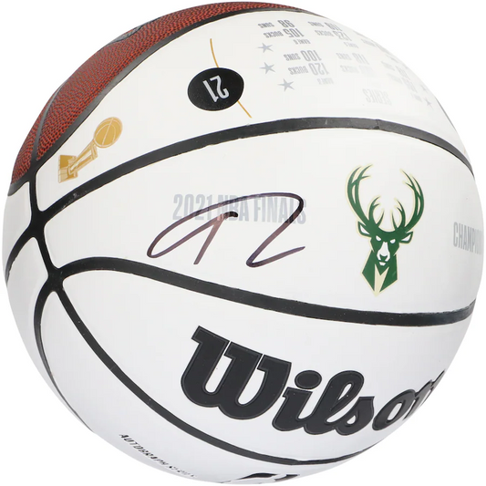Giannis Antetokounmpo Signed Milwaukee Bucks Wilson 2021 NBA Champions White Panel Basketball (Fanatics)