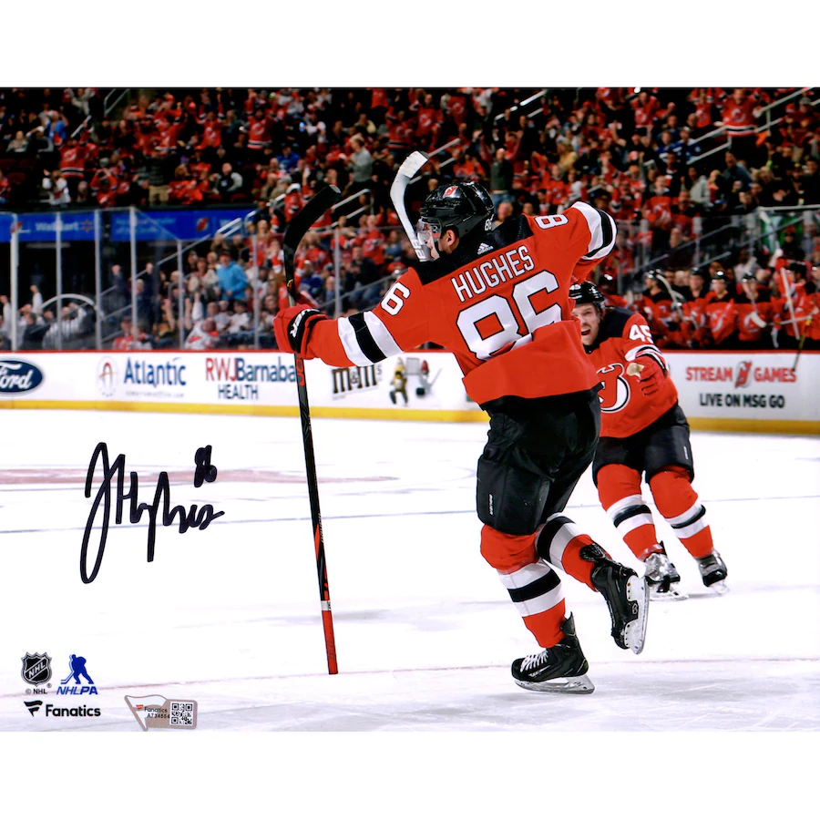Jack Hughes Signed New Jersey Devils  8'' x 10'' First NHL Goal Celebration Picture (Fanatics)