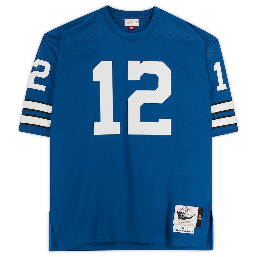 Roger Staubach Signed Dallas Cowboys Blue Authentic Mitchell & Ness Jersey with "HOF 85" Inscription (Fanatics)