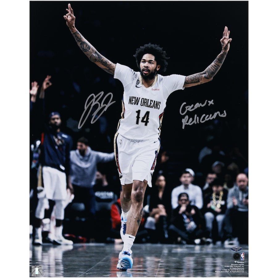 Brandon Ingram Signed New Orleans Pelicans  16" x 20" Celebrating Three Versus Brooklyn Photograph with "Geaux Pelicans" Inscription (Fanatics)