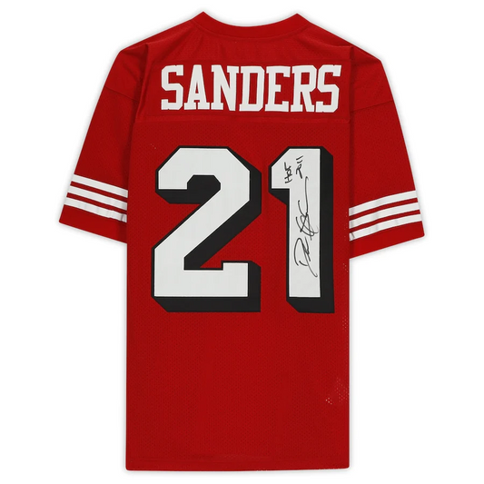 Deion Sanders Signed San Francisco 49ers Red Mitchell & Ness Authentic Jersey with "HOF 2011" Inscription (Fanatics)