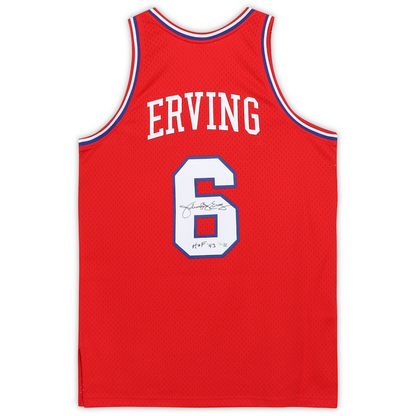 Julius Erving Signed Philadelphia 76ers Red Mitchell & Ness 1982-83 Hardwood Classics Swingman Jersey with "HOF 93" Inscription (Fanatics)