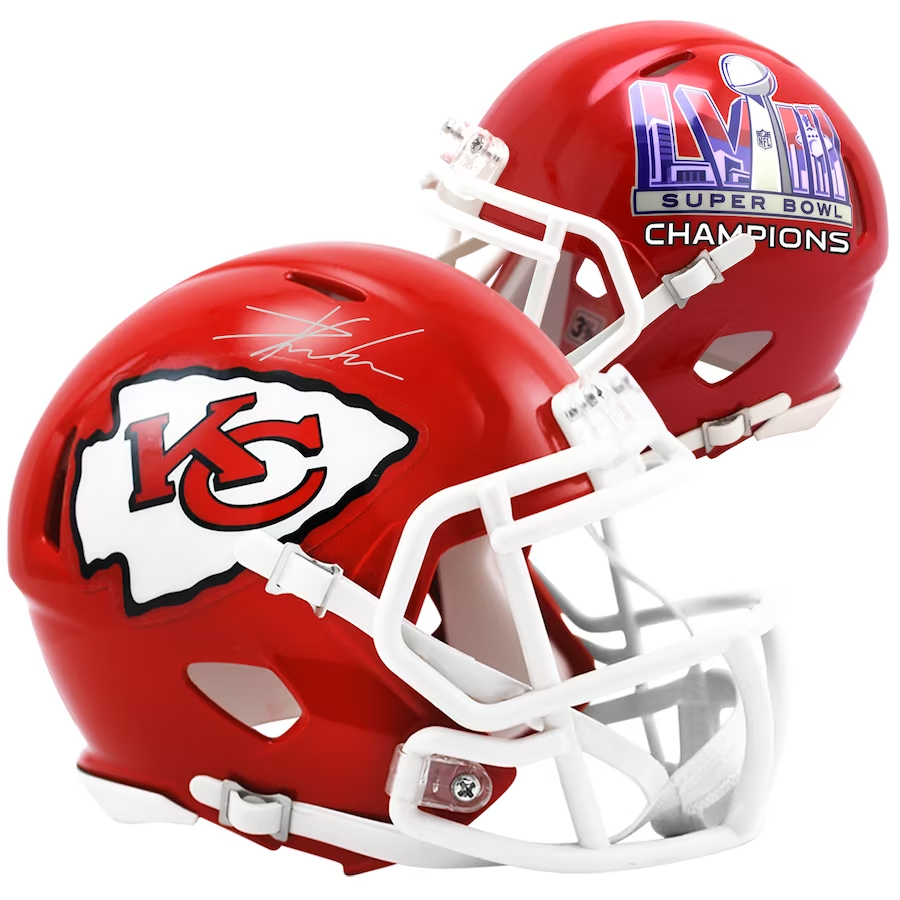 Travis Kelce Kansas City Chiefs Autographed Super Bowl LVIII Champions Riddell Speed Mini Helmet  (Fanatics)