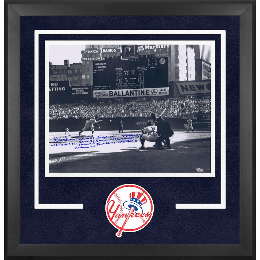 Don Larsen Signed New York Yankees Deluxe Framed 16" x 20" Perfect Game First Pitch Photograph with Box Score Stats Inscriptions (Fanatics)