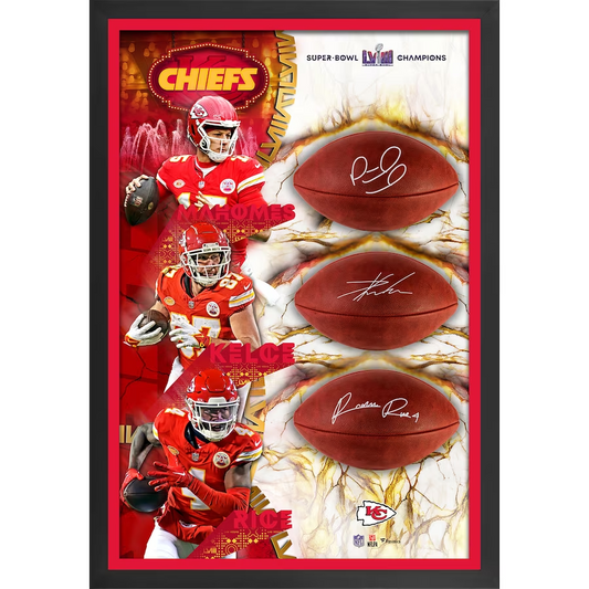 Patrick Mahomes, Travis Kelce & Rashee Rice Kansas City Chiefs Autographed Super Bowl LVIII Champions Duke Three Football Shadowbox (Fanatics)