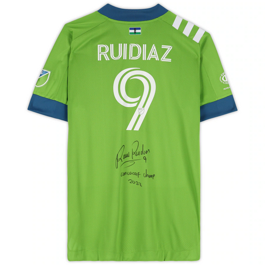 Raul Ruidiaz Signed Seattle Sounders FC  2022 Legacy Green Adidas Authentic Jersey with "CONCACAF Champ 2022" Inscription (Fanatics)