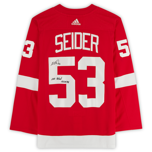 Moritz Seider Signed Red Detroit Red Wings Adidas Authentic Jersey with "NHL Debut 10/14/21" Inscription (Fanatics)
