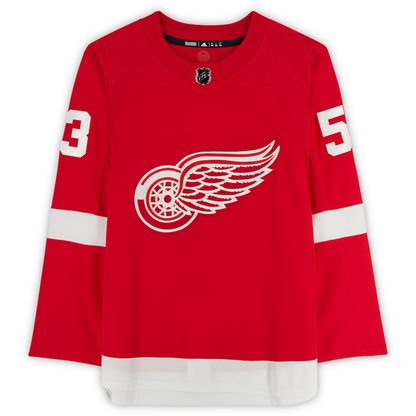 Moritz Seider Signed Red Detroit Red Wings Adidas Authentic Jersey with "NHL Debut 10/14/21" Inscription (Fanatics)