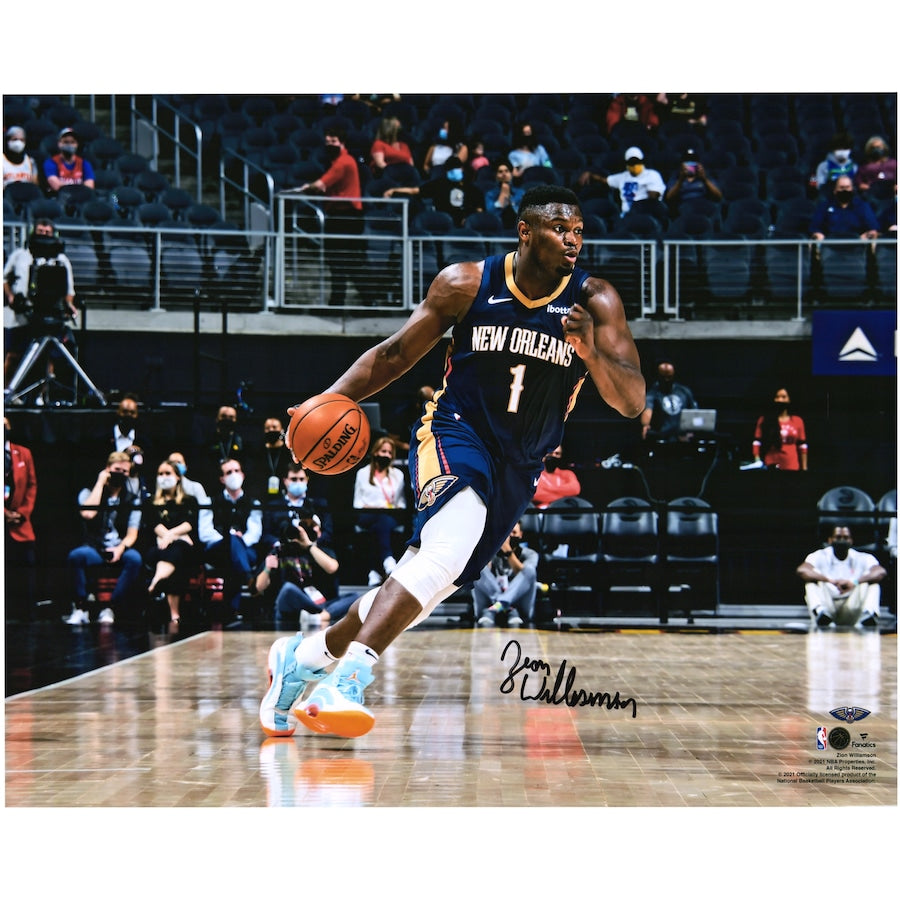 Zion Williamson Signed New Orleans Pelicans 16" x 20" Dribbling in Navy Jersey Photograph (Fanatics)