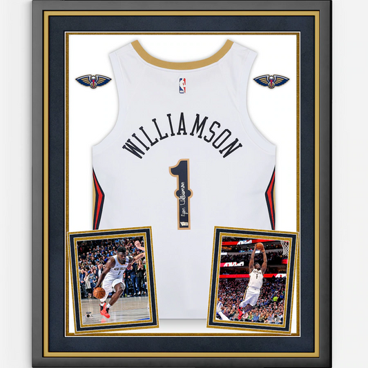 Zion Williamson Signed New Orleans Pelicans Deluxe Framed  White Nike Swingman Jersey (Fanatics)