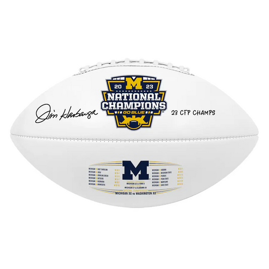 Jim Harbaugh Michigan Wolverines Signed College Football Playoff 2023 National Champions Logo White Panel Football with "23 CFP Champs" Inscription (Fanatics)