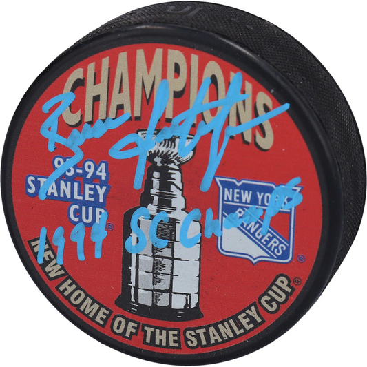 Brian Leetch Signed New York Rangers 1994 Stanley Cup Champions Logo Hockey Puck with "1994 SC Champs" Inscription (Fanatics)