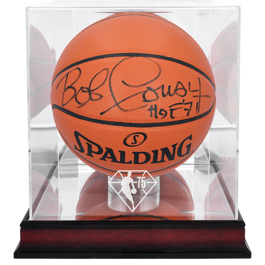 Bob Cousy Signed Boston Celtics  Spalding Indoor/Outdoor Basketball with "HOF 71" Inscription and Mahogany NBA 75th Anniversary Logo Display Case (Fanatics)