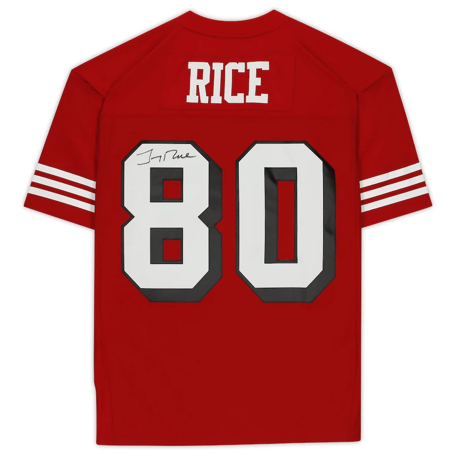 Jerry Rice Signed San Francisco 49ers Mitchell and Ness Red Replica Jersey (Fanatics)