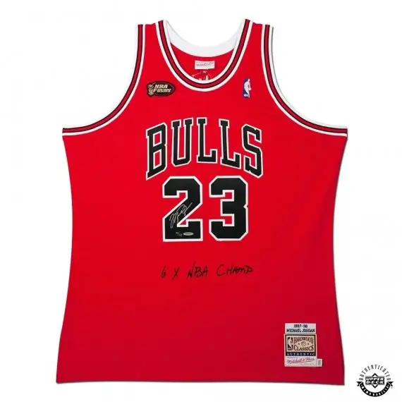 Michael Jordan Signed 1998 Chicago Bulls NBA Finals Last Dance "6X NBA Champ" Embroidered Jersey M&N LE/123 (Upper Deck)