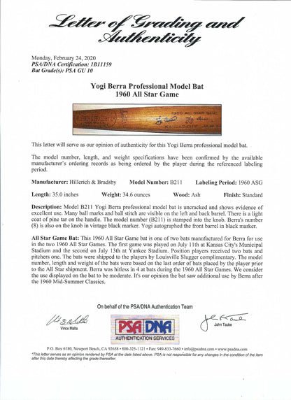 Yogi Berra Game Used 1960 MLB All Star Game Bat - Signed (PSA/DNA GU10)