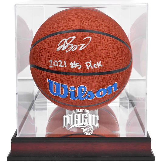 Jalen Suggs  Signed Orlando Magic  Wilson Team Logo Basketball with "2021 #5 Pick" Inscription & Mahogany Team Logo Display Case (Fanatics)
