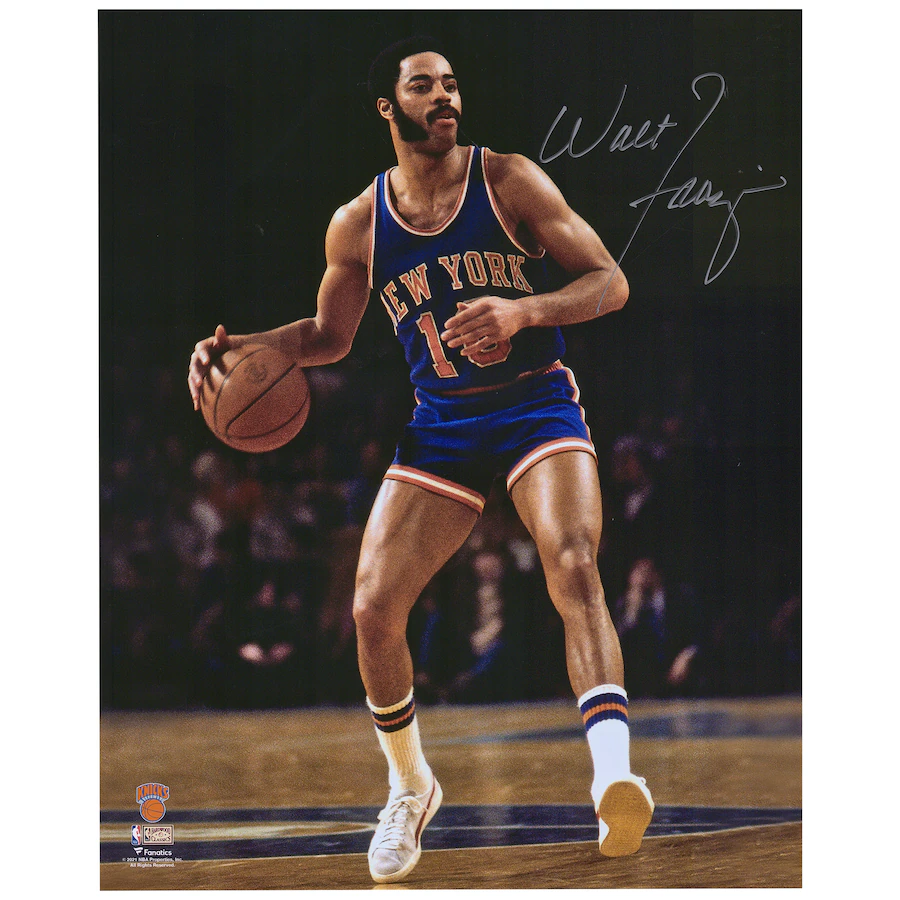 Walt Frazier Signed New York Knicks  16" x 20" Dribbling In Blue Photograph (Fanatics)