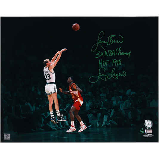 Larry Bird Signed Boston Celtics  16" x 20" Shot Over Wilkins Green Spotlight Photograph with Multiple Inscriptions - Limited Edition of 33 (Fanatics)