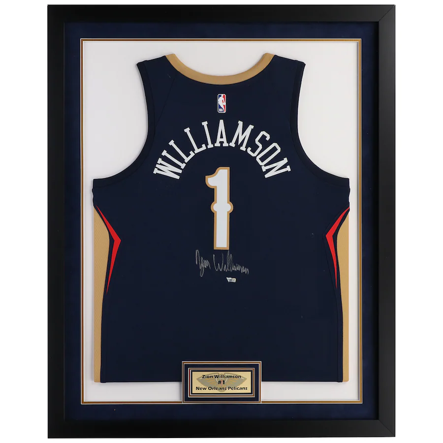 Zion Williamson Signed New Orleans Pelicans  Framed Navy Nike Swingman Jersey with Sublimated Plate (Fanatics)