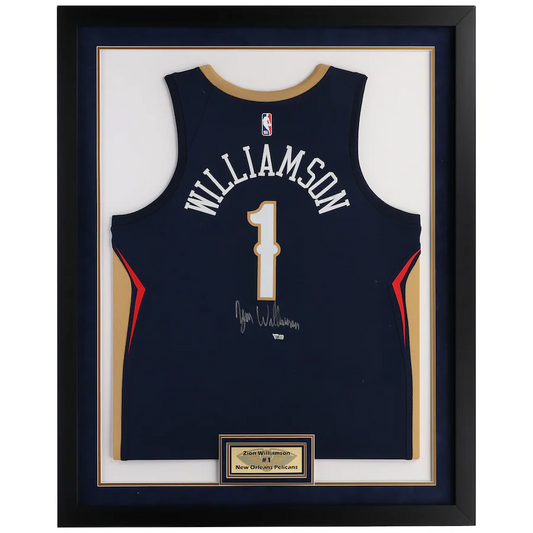 Zion Williamson Signed New Orleans Pelicans  Framed Navy Nike Swingman Jersey with Sublimated Plate (Fanatics)