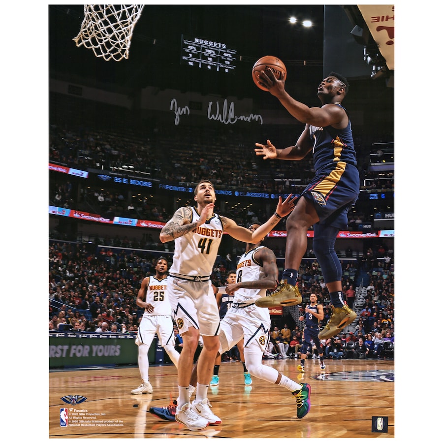 Zion Williamson Signed New Orleans Pelicans  16" x 20" Navy Jersey Layup Vertical Photograph (Fanatics)