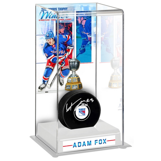 Adam Fox Signed New York Rangers 2021 Norris Trophy Winner with Deluxe Tall Hockey Puck Case (Fanatics)