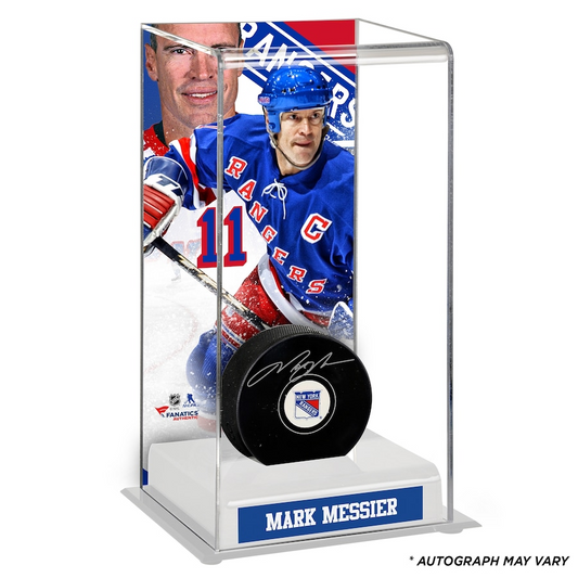 Mark Messier Signed New York Rangers  Puck with Deluxe Tall Hockey  Case (Fanatics)