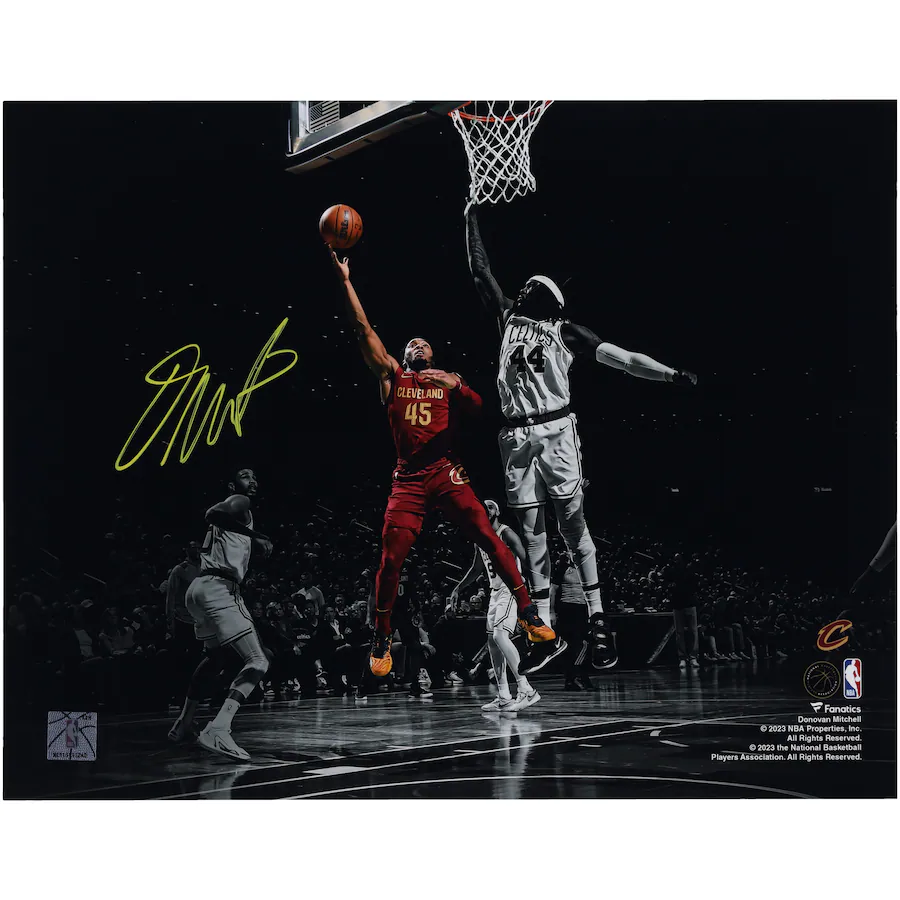 Donovan Mitchell Signed Cleveland Cavaliers 11" x 14" Spotlight Layup Versus Boston Celtics Photograph (Fanatics)