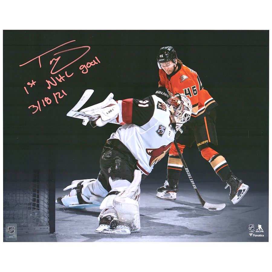 Trevor Zegras Signed Anaheim Ducks 16" x 20" First Goal Spotlight Photograph with "1ST NHL GOAL 3/18/21" Inscription (Fanatics)