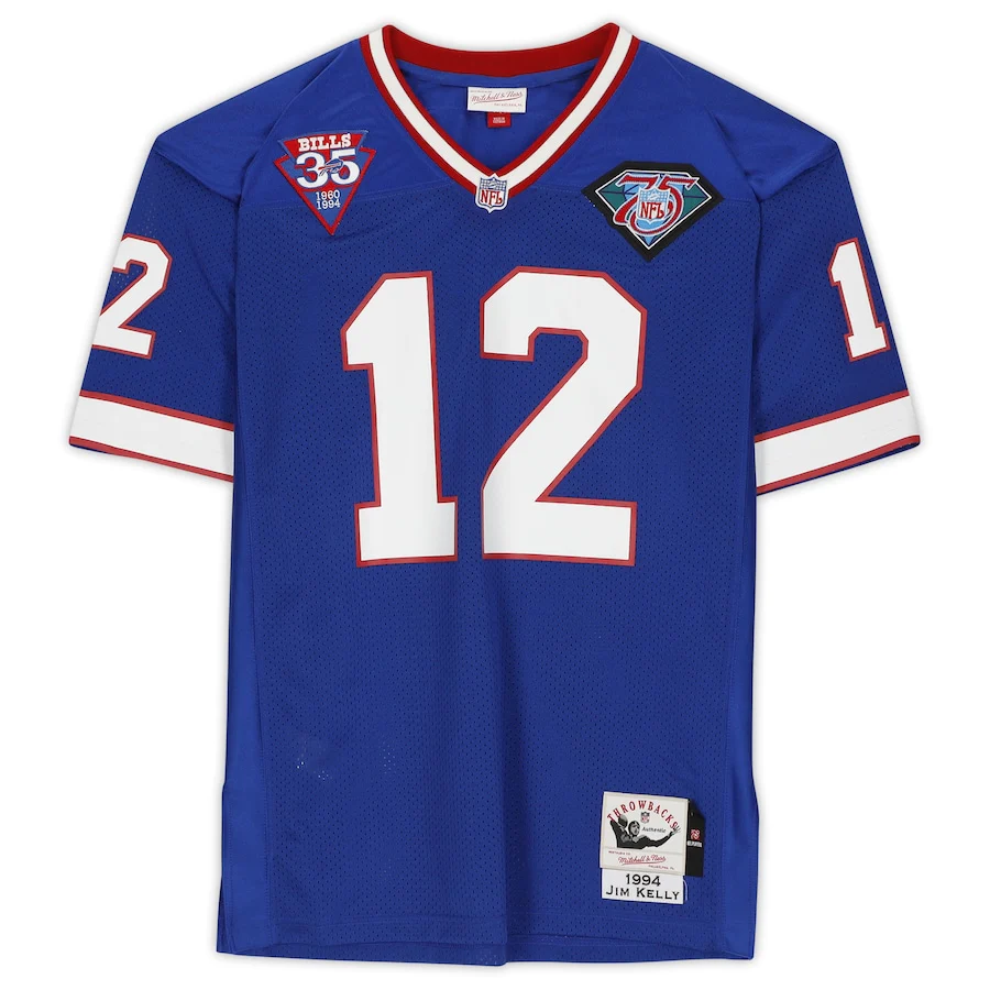 Jim Kelly Signed Buffalo Bills Mitchell & Ness Blue Authentic Throwback Jersey with "HOF 02" Inscription (Fanatics)