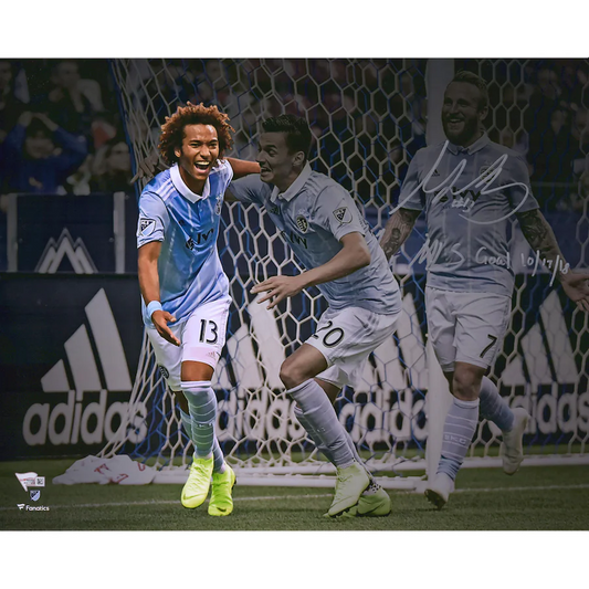 Gianluca Busio Signed Sporting Kansas City 16" x 20" Blue First MLS Goal Celebration Photograph with "1st MLS Goal 10/17/18" Inscription (Fanatics)