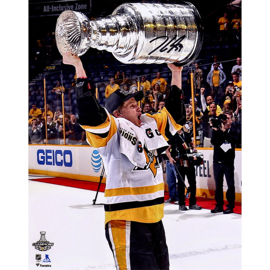 Jake Guentzel Signed Pittsburgh Penguins 2017 Stanley Cup Champions  8" x 10" Raising Cup Photograph (Fanatics)
