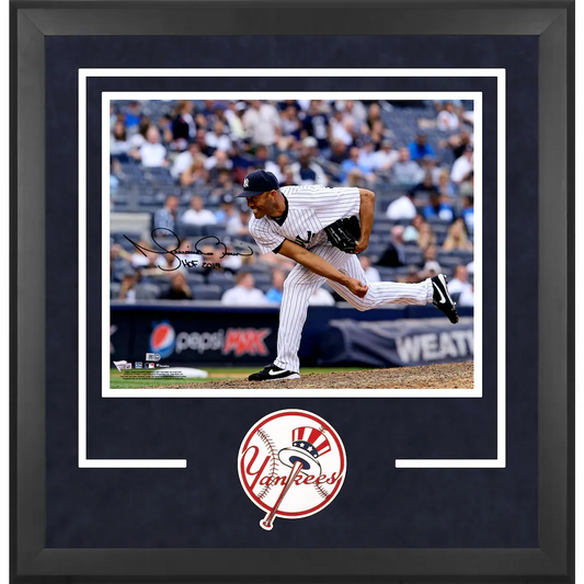 Mariano Rivera Signed New York Yankees Deluxe Framed  16" x 20" Pitching Photograph with ''HOF 2019'' Inscription (Fanatics)