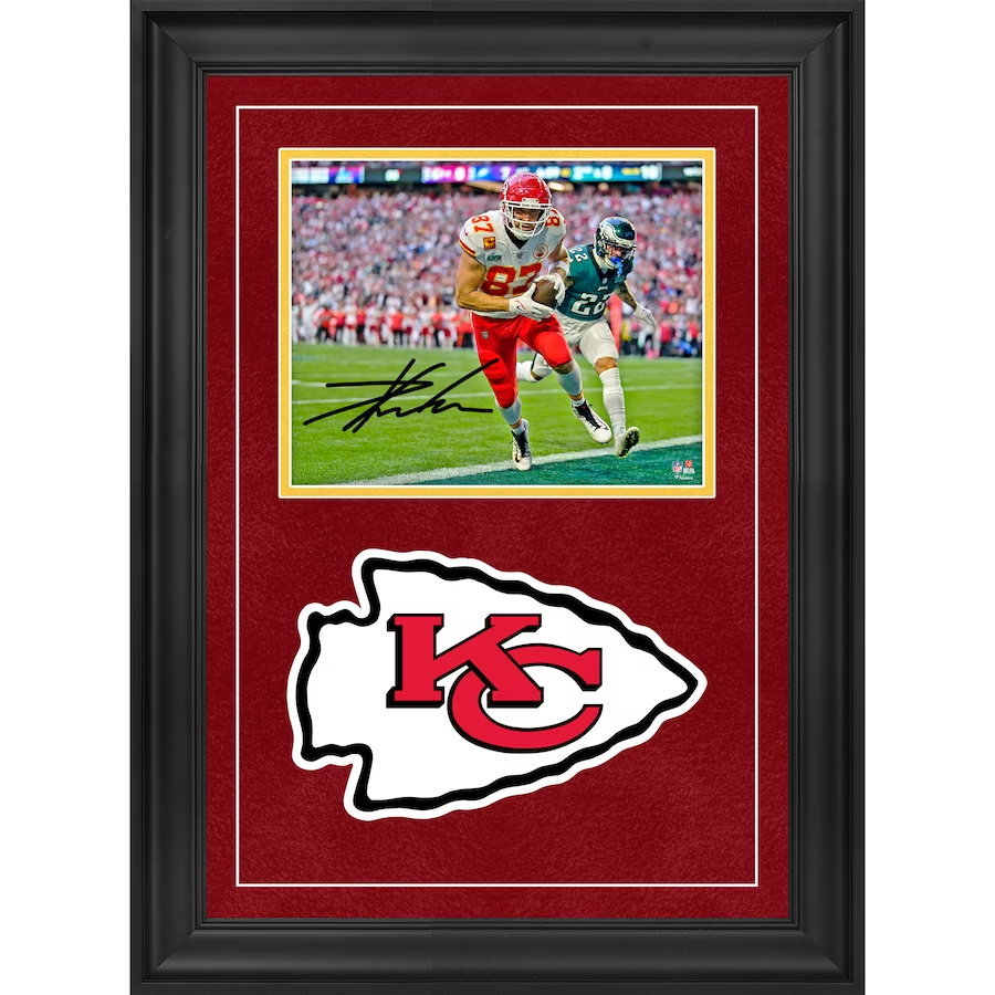 Travis Kelce Kansas City Chiefs Deluxe Autographed Framed 8" x 10" Super Bowl LVII Champions Action Photograph  (Fanatics)