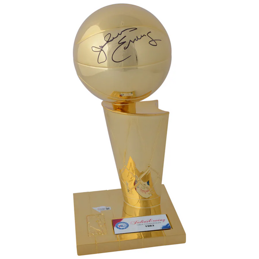 Julius Erving Signed Philadelphia 76ers NBA Finals Champion Replica Larry O'Brien Trophy with Sublimated Plate (Fanatics)