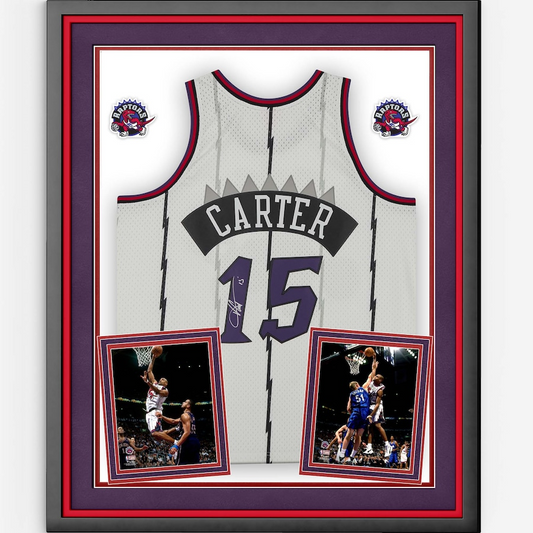 Vince Carter Signed Toronto Raptors Deluxe Framed Mitchell & Ness White Replica Jersey (Fanatics)