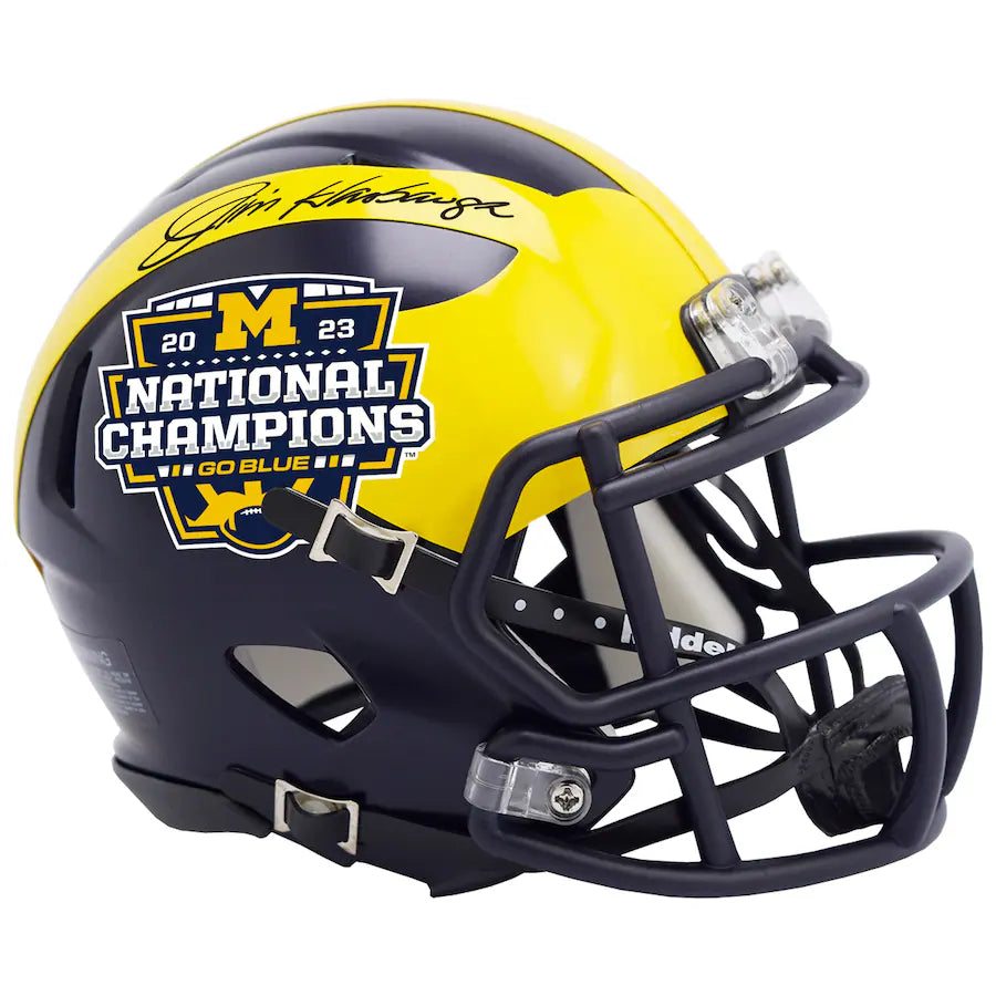 Jim Harbaugh Michigan Wolverines  Signed College Football Playoff 2023 National Champions Logo Riddell Speed Mini Helmet (Fanatics)