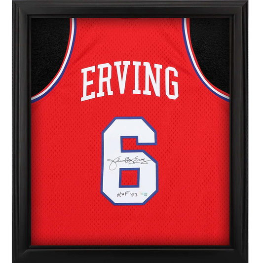 Julius Erving Signed Philadelphia 76ers  Framed Mitchell & Ness Red 1982-83 Swingman Jersey Shadowbox with "HOF '93" Inscription (Fanatics)