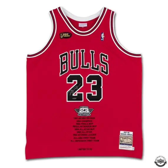 Michael Jordan Signed  25th Anniversary 1998 Championship Embroidered 1997-98 Chicago Bulls NBA Finals Patch Red Authentic Mitchell & Ness Jersey  (Upper Deck)