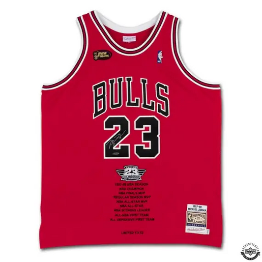 Michael Jordan Signed  25th Anniversary 1998 Championship Embroidered 1997-98 Chicago Bulls NBA Finals Patch Red Authentic Mitchell & Ness Jersey  (Upper Deck)