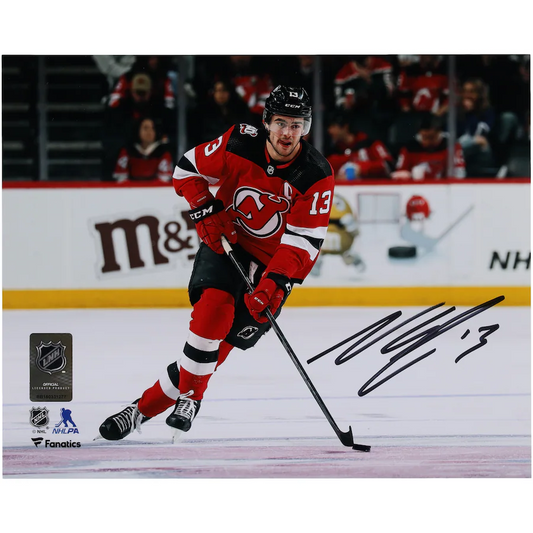 Nico Hischier Signed New Jersey Devils  8" x 10" Red Jersey with Puck Photograph (Fanatics)
