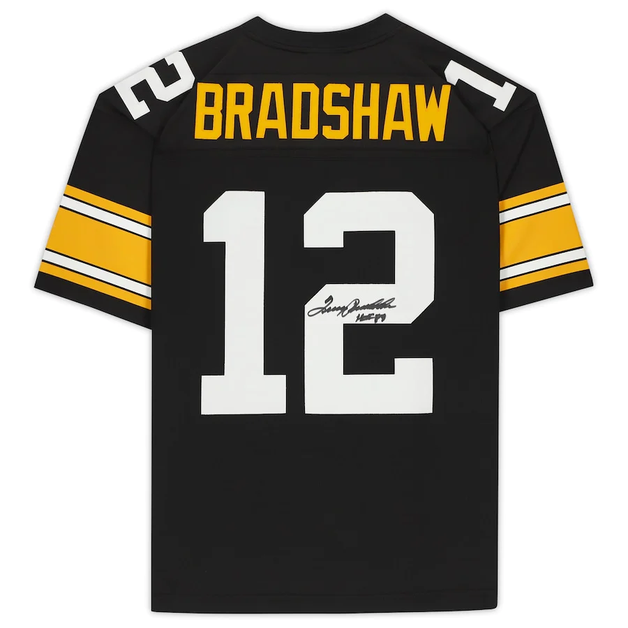 Terry Bradshaw Signed Pittsburgh Steelers Mitchell & Ness Black Replica Jersey with "HOF 89" Inscription (Fanatics)