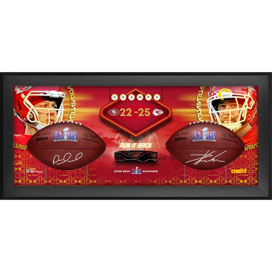 Patrick Mahomes & Travis Kelce Kansas City Chiefs Autographed Super Bowl LVIII Champions Duke Two Football Shadowbox (Fanatics)