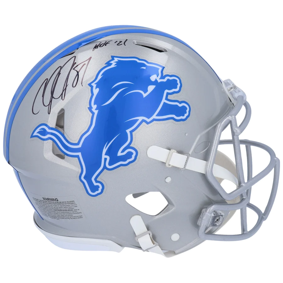 Calvin Johnson Signed Detroit Lions Riddell Speed Authentic Helmet with "HOF 21" Inscription (Fanatics)