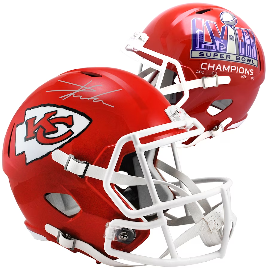 Travis Kelce Kansas City Chiefs Autographed Super Bowl LVIII Champions Riddell Speed Replica Helmet (Fanatics)