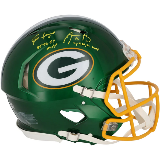 Aaron Rodgers & Brett Favre Signed Green Bay Packers Riddell Flash Speed Authentic Helmet with Multiple MVP Inscriptions (Fanatics)