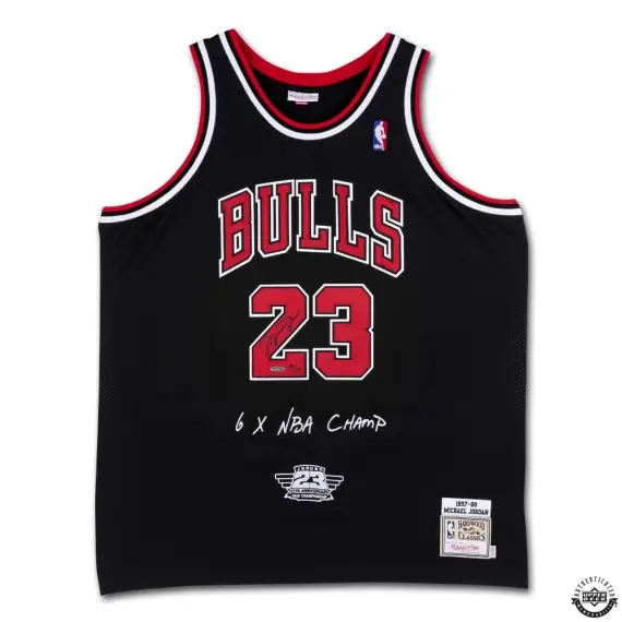 Michael Jordan Signed & Embroidered “6X NBA CHAMP” & 25th Anniversary Logo 1997-98 Chicago Bulls Black Authentic Mitchell & Ness Jersey  (Upper Deck)