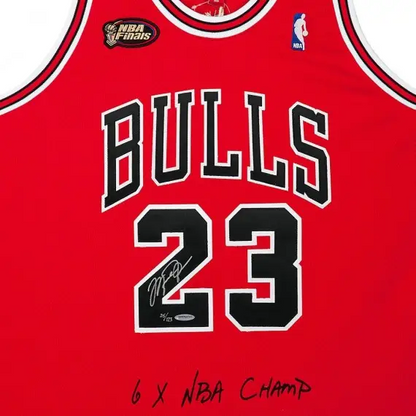 Michael Jordan Signed 1998 Chicago Bulls NBA Finals Last Dance "6X NBA Champ" Embroidered Jersey M&N LE/123 (Upper Deck)